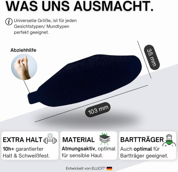 Ellicit® Mundpflaster Schlafen, 30er Pack Premium Mouth Tape for sleeping, Anti Schnarch, Schnarchpflaster gegen Schnarchen, optimaler Halt auch mit Bart, 95% Baumwolle [bequeme Universalgröße] – Bild 4