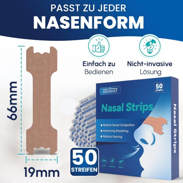 ®GRANDAT Nasenpflaster Schnarchen (50er Pack) Premium Nasenstrips gegen Schnarchen Extra Halt für Sport & bessere Schlafqualität besser Atmen bei verstopfter Nase Strips Nasal Nose (Universalgröße) – Bild 8