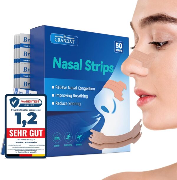 ®GRANDAT Nasenpflaster Schnarchen (50er Pack) Premium Nasenstrips gegen Schnarchen Extra Halt für Sport & bessere Schlafqualität besser Atmen bei verstopfter Nase Strips Nasal Nose (Universalgröße) – Bild 2