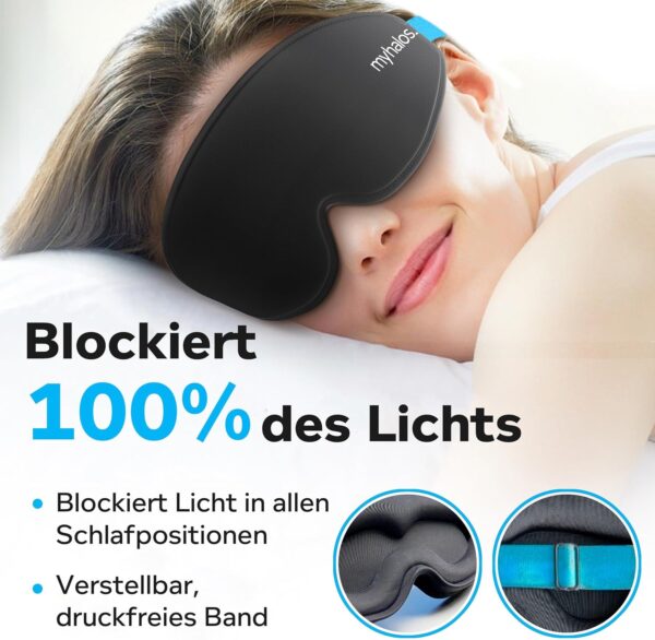 MyHalos Schlafmaske – Verdunkelnde Schlafmaske Frauen – 3D Schlafmaske Herren für Komfort ohne Druck – Vorgeformte Schlafbrille für Komplette Verdunkelung – Schwarze Augenbinde mit Etui – Bild 3