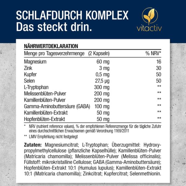 VITACTIV Schlafdurch Komplex - natürliche Durchschlafhilfe-Kapseln für Menschen, die Probleme beim Durchschlafen haben, 100% pflanzliche Inhaltsstoffe mit Hopfenblüte und Melisse – Bild 7