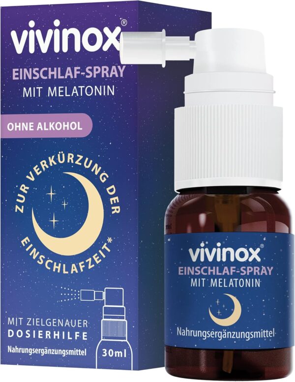 vivinox Einschlaf-Spray mit Melatonin: Nahrungsergänzungsmittel gegen Jetlag, ohne Alkohol, einfach anzuwenden, vegan, 30 ml