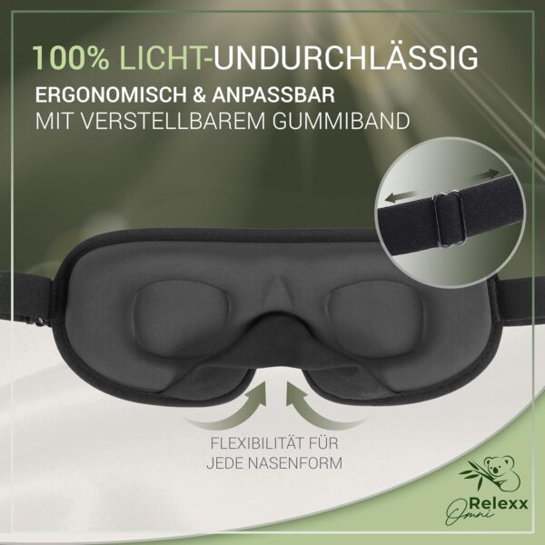 OMNIRELEXX Schlafmaske – Atmungsaktive 3D Schlafbrille – Bequeme und weiche Augenmaske für Frauen und Männer - 100% Lichtblockierend - Reisebeutel - Vertiefung für die Augen - Memory Schaum (Schwarz) – Bild 4