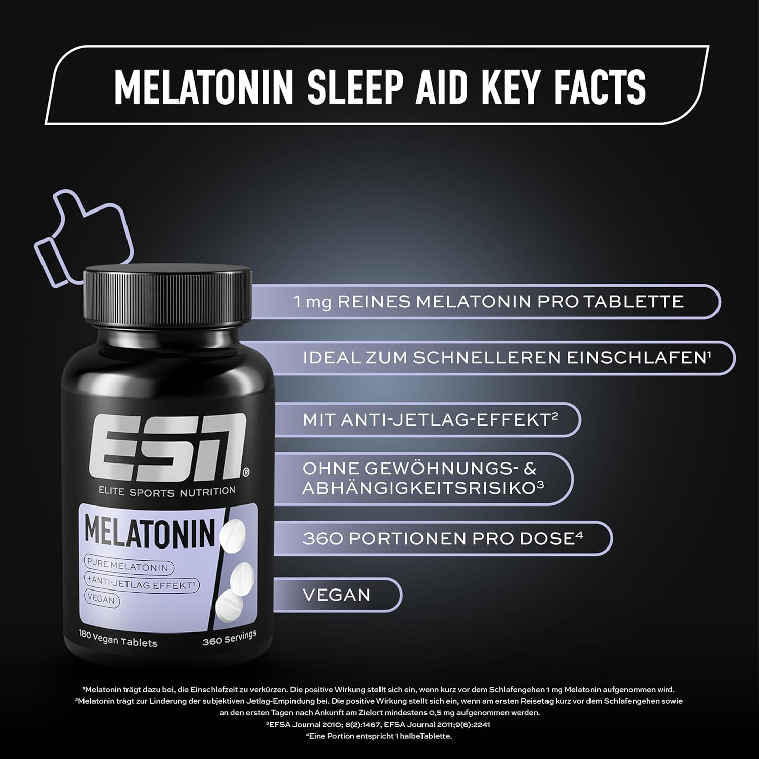 ESN Melatonin Sleep Aid, 180 Tabletten, 0,5 mg reines Melatonin pro Tagesportion, Anti-Jetlag-Support, geprüfte Qualität - made in Germany – Bild 3