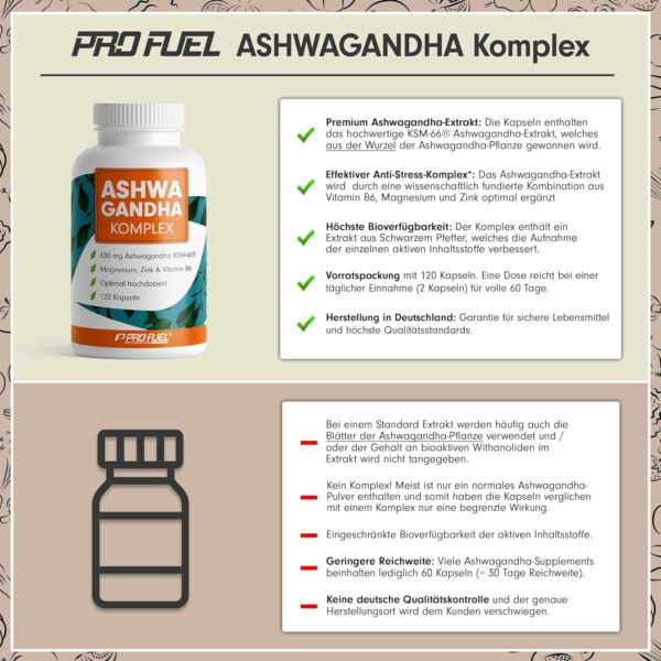 Ashwagandha Kapseln 𝗵𝗼𝗰𝗵𝗱𝗼𝘀𝗶𝗲𝗿𝘁 120x - 600 mg Ashwagandha KSM-66® pro Tag - Ashwagandha Komplex mit Magnesium, Zink & Vitamin B6 - ohne unerwünschte Zusatzstoffe - laborgeprüft – Bild 3