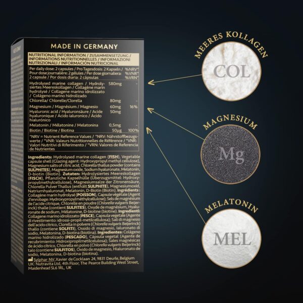 Melatonin + Hyaluron Kollagen Kapseln hochdosiert - 0,5mg Melatonin, 580mg Marine Collagen mit Magnesium, Chlorella und Biotin - 60 Beauty Kapseln - Ohne Zusatzstoffe, Made in Germany – Bild 6