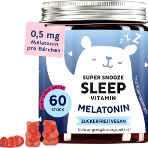 Melatonin 0,5 mg Gummibärchen – mit natürlichem Schlafhormon Melatonin & Vitamin B6 – trägt zur Linderung von Jetlag bei – 60 Stück – Vegan & Zuckerfrei – Bears with Benefits