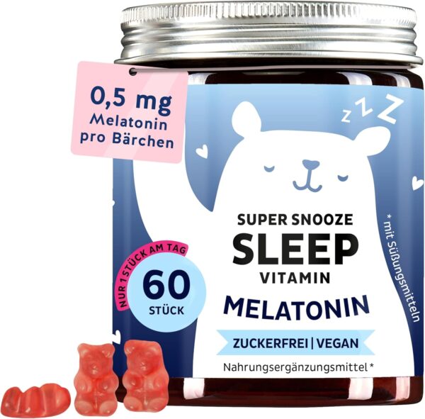 Melatonin 0,5 mg Gummibärchen – mit natürlichem Schlafhormon Melatonin & Vitamin B6 – trägt zur Linderung von Jetlag bei – 60 Stück – Vegan & Zuckerfrei – Bears with Benefits
