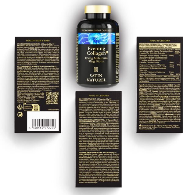 Melatonin + Hyaluron Kollagen Kapseln hochdosiert - 0,5mg Melatonin, 580mg Marine Collagen mit Magnesium, Chlorella und Biotin - 60 Beauty Kapseln - Ohne Zusatzstoffe, Made in Germany – Bild 8