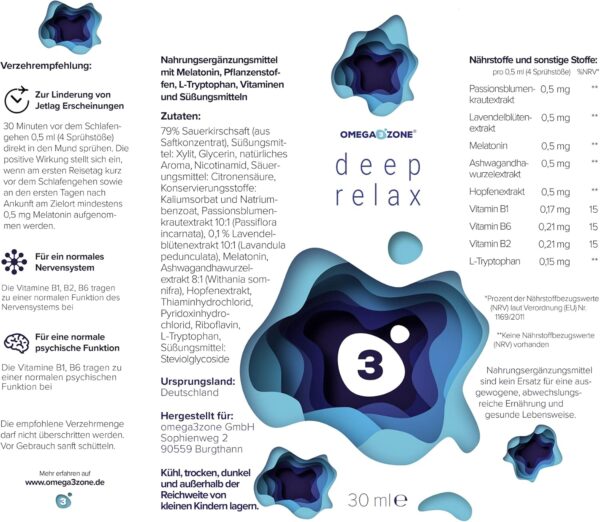 omega3zone Deep Relax Melatonin Einschlafspray - Premium Melatonin Spray als Einschlafhilfe - Natürliches Schlafspray mit Vitamin B Komplex - Sleep Spray ohne Alkohol - 1 x 30ml – Bild 5