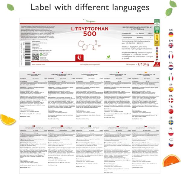L-Tryptophan 500 mg - 240 vegane Kapseln - Aus pflanzlicher Fermentation - 8 Monate Reichweite - Ohne Zusätze - Vegan – Bild 5