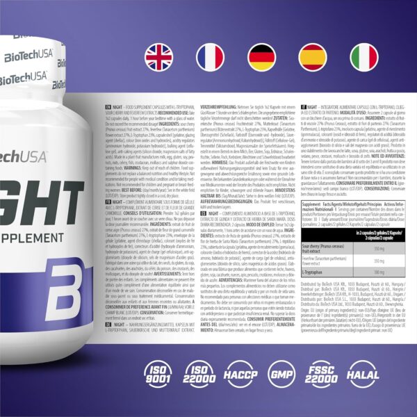 BioTechUSA Night, Nahrungsergänzungsmittel kapseln mit L-tryptophan, sauerkirsche und mutterkraut extrakt, 60 Kapseln – Bild 4