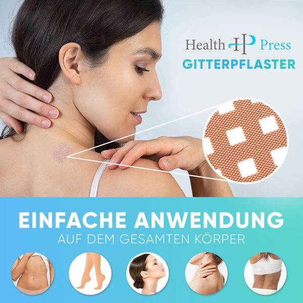 Health Press® Gittertape Cross Tape – Größe Typ Mix 134 Stück – Gitterpflaster zur Akupressur – Akupunkturpflaster mit ausführlicher E-Book Anleitung zum Download – Akupressur Pflaster – Bild 2