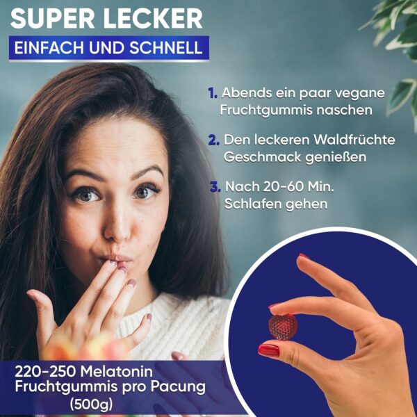 Melatonin Fruchtgummis - Einschlafhilfe | Optimal dosiert | XXL Packung 220-270 Stk. 500g | Schneller Einschlafen & Länger Durchschlafen | Made in Germany – Bild 5